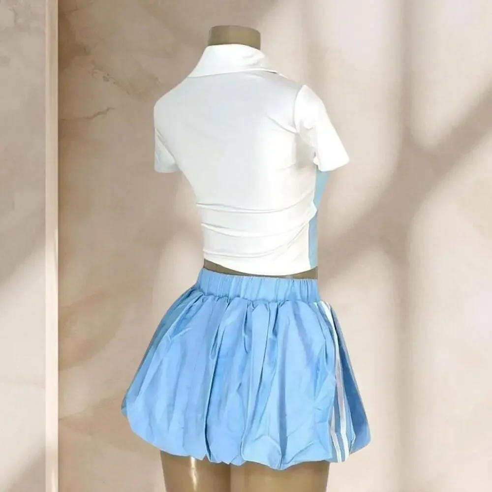 Light Blue Pleated Tennis Skort And Lace Shirt Set